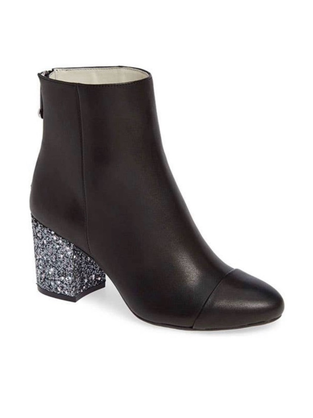 1901 Silver Glitter Block Heel Block Leather Ankle Booties